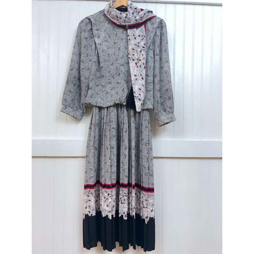 Vtg R.E.O. Dress Edwardian Regency Peasant Paisley Red Black White Midi Wmns S